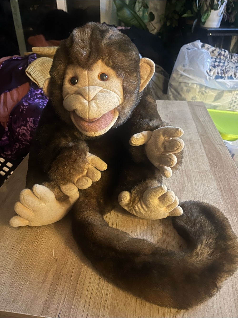 Folkmanis Long Tail Monkey Hand Puppet Toy 8" Plush Brown Full Body